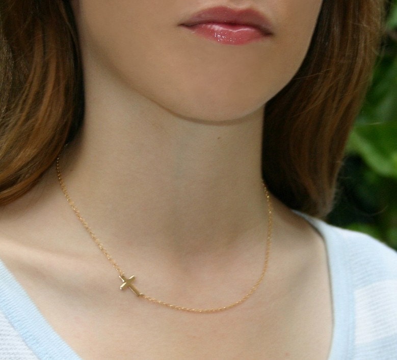 Sideways Cross Necklace , Set Center - 14kt GOLD FILLED Small Horizontal Cross