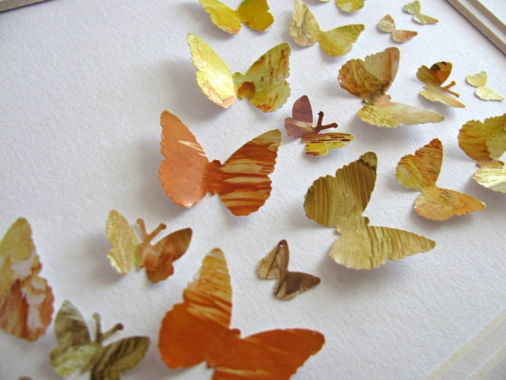Summer Glow. Melted Crayon Upcycled 3D Butterfly Art. 5X7. Brown. Gold. Olive Green, Dark Tangerine
