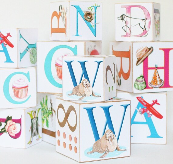 DELUXE Alphabet Wooden Baby Blocks wood toy building blocks eco friendly children toy - set of 12 in two sizes