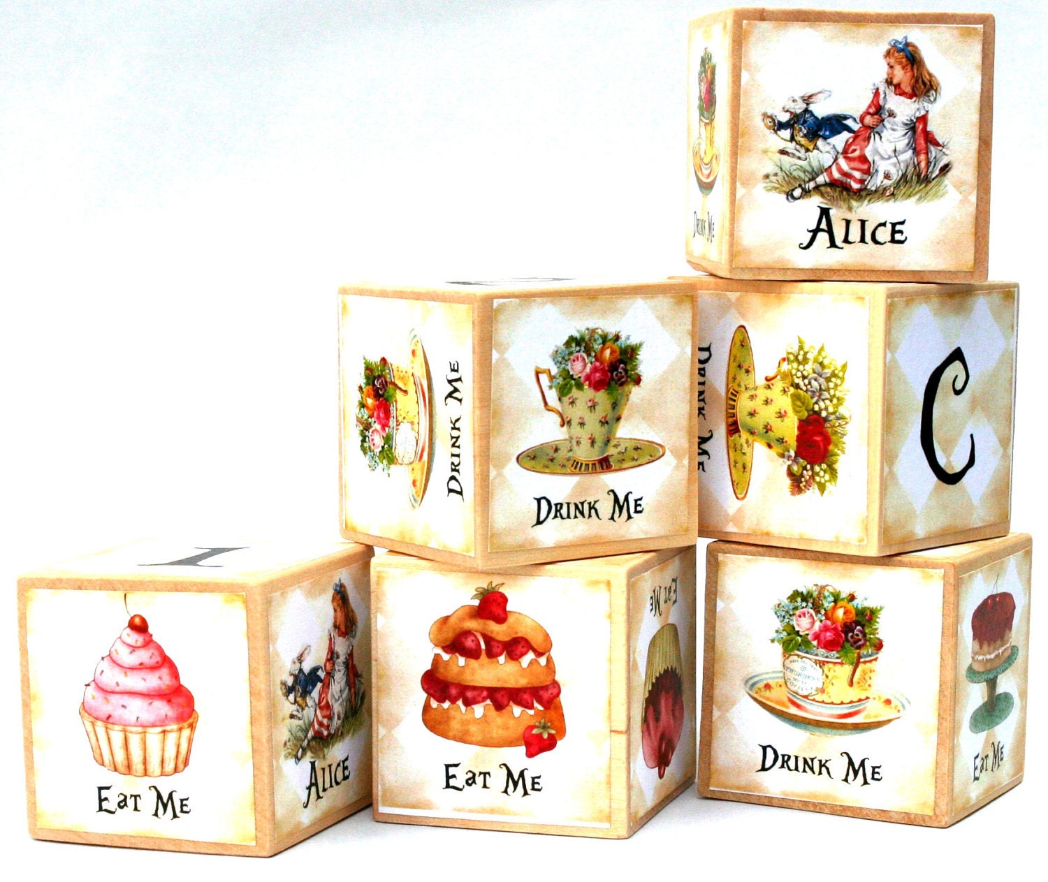Alice in Wonderland Wooden Baby Blocks birthday party girls nursery decor wood toy blocks