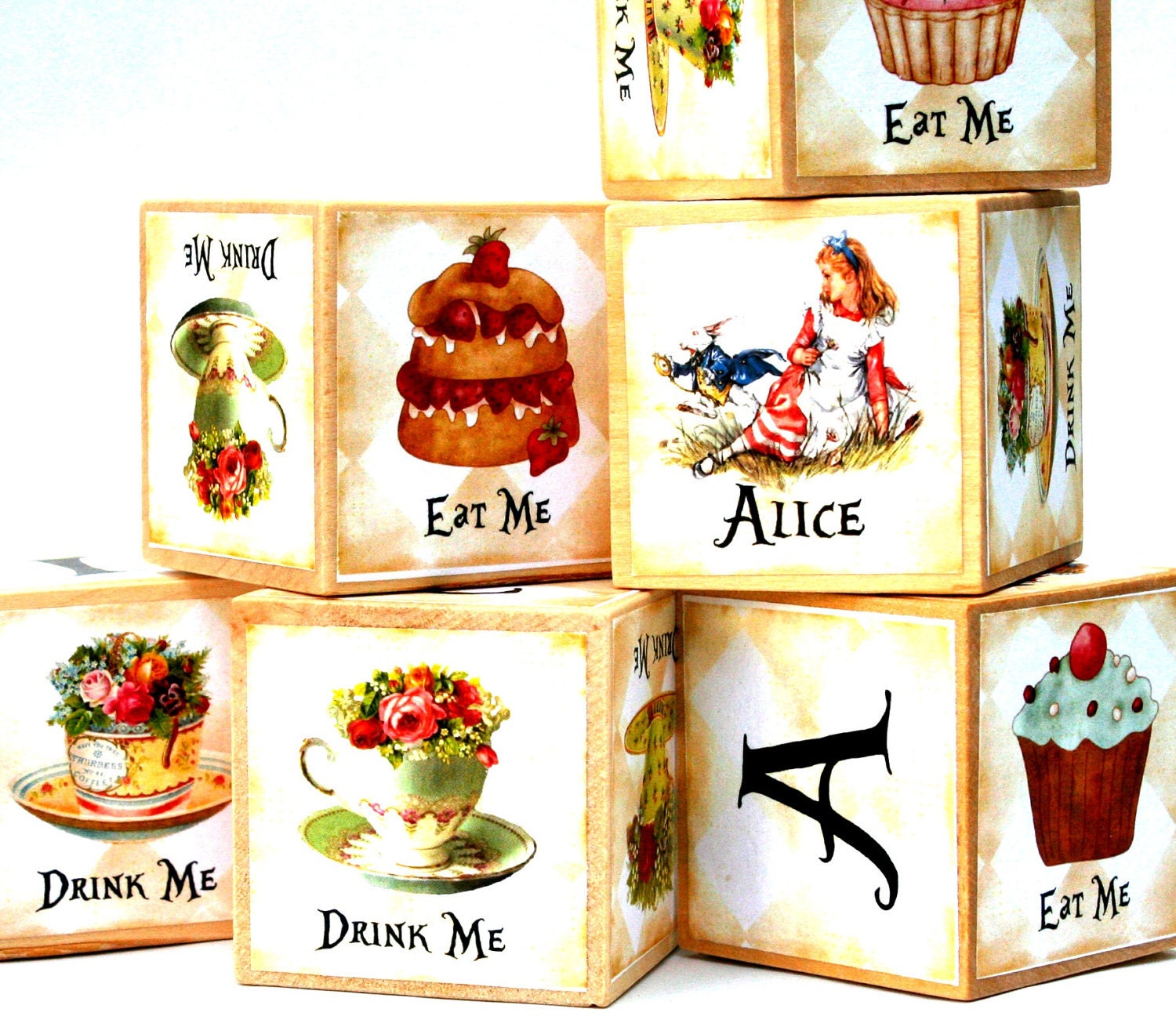 Alice in Wonderland Wooden Baby Blocks birthday party girls nursery decor wood toy blocks