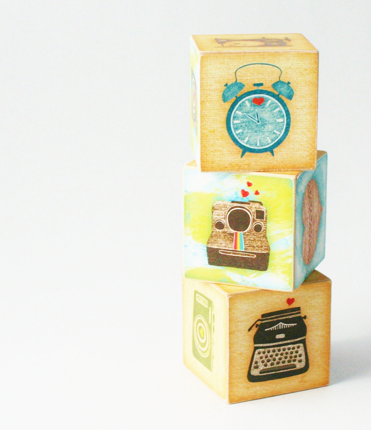 Vintage Love Wooden Blocks retro polaroid camera typewriter sewing machine vintage inspired decor