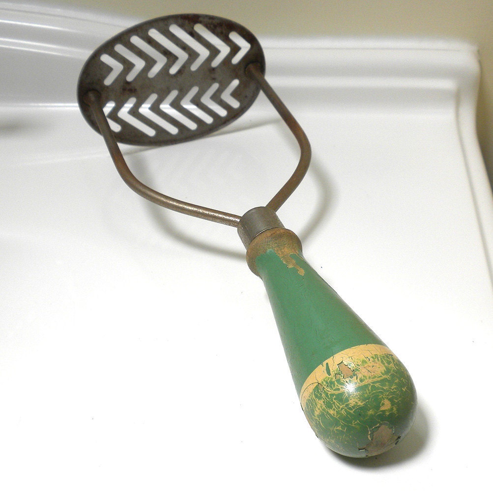 Yellow striped Green Handle Potato Masher - Kitchen Utensil Stainless Steel - Vintage Primitive Country Kitchen