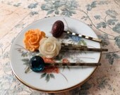 Colorful Flower and Jewel Hairpins / Bobbypins : orange, red, ivory, turquoise - Summer SALE 20% off