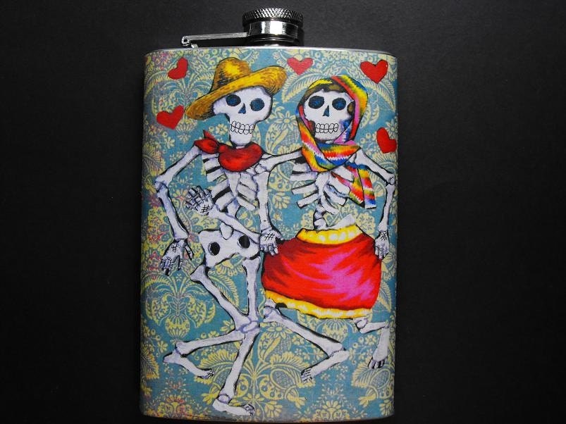 FD251 - Skeletons Decorated Stainless Steel FLask - 8oz. Day of the Dead