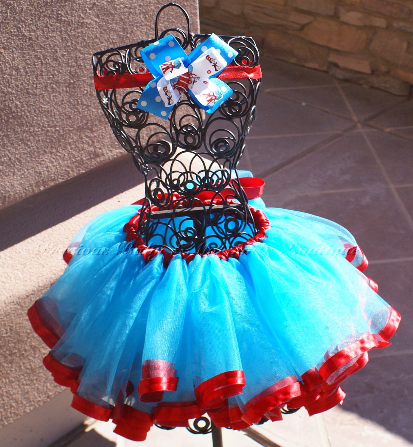 Custom Made Cat in the Hat Satin Ribbon Edged Tutu Skirt with Matching Headband- 1 Tulle Color Option