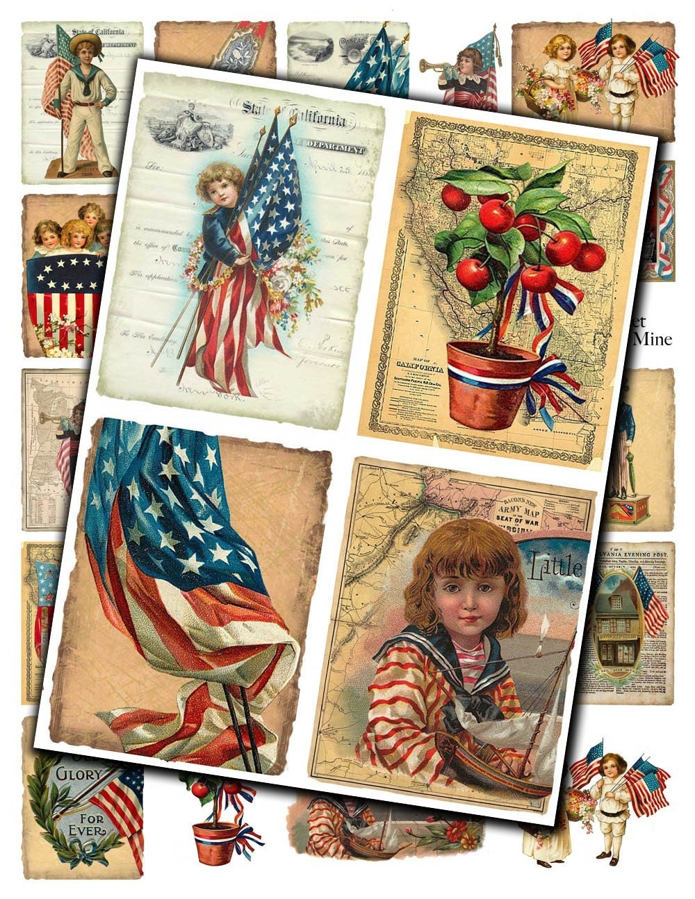 Vintage Americana Patriotic Collage Sheet - Red White and Blue Images - Digital Download - Printable - MagpieMine