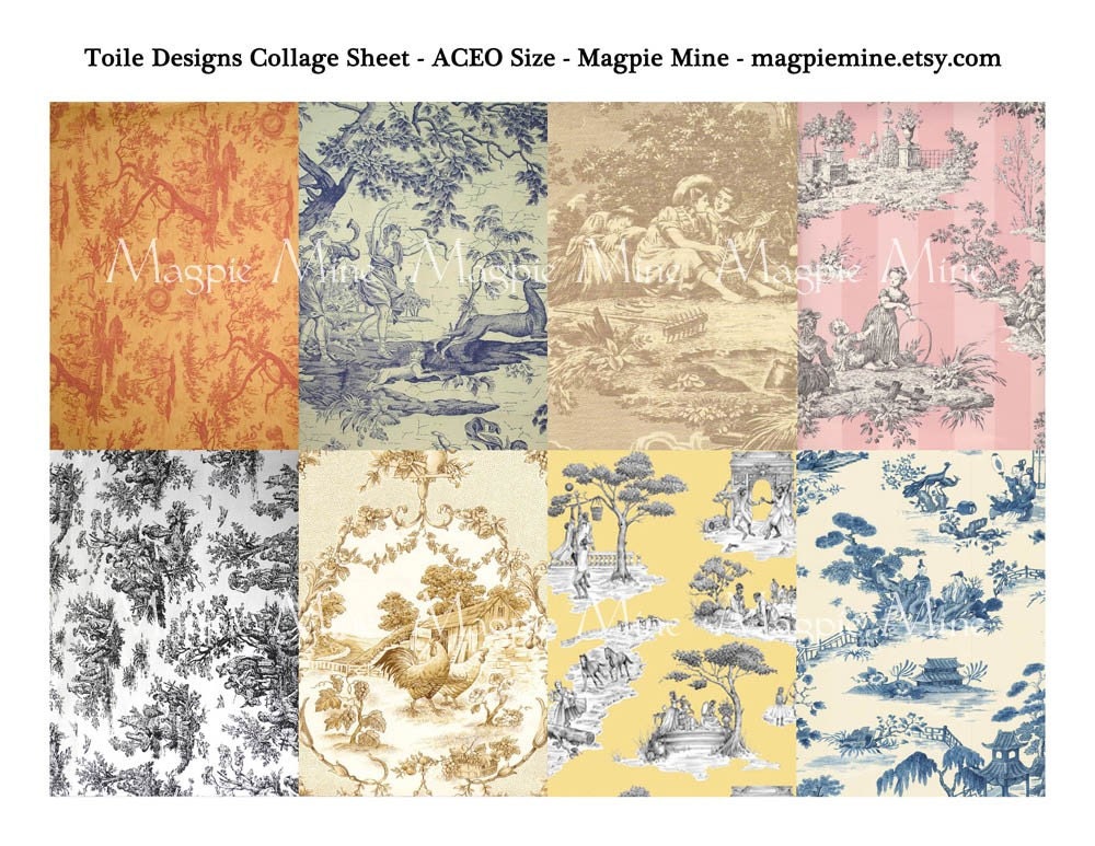 Toile Designs Collage Sheet - Multi Colored ACEO Sized Background Swatches - 2.5 x 3.5 Inches - Digital Download - Printable