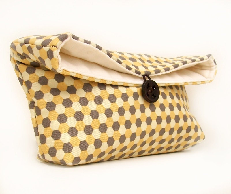 Bridesmaid Gift, Makeup Bag, Yellow and Gray Clutch Purse, Geometric Honeycomb, Honey Gold and Titanium, Under 25, Fall Trend, Fall Fashion