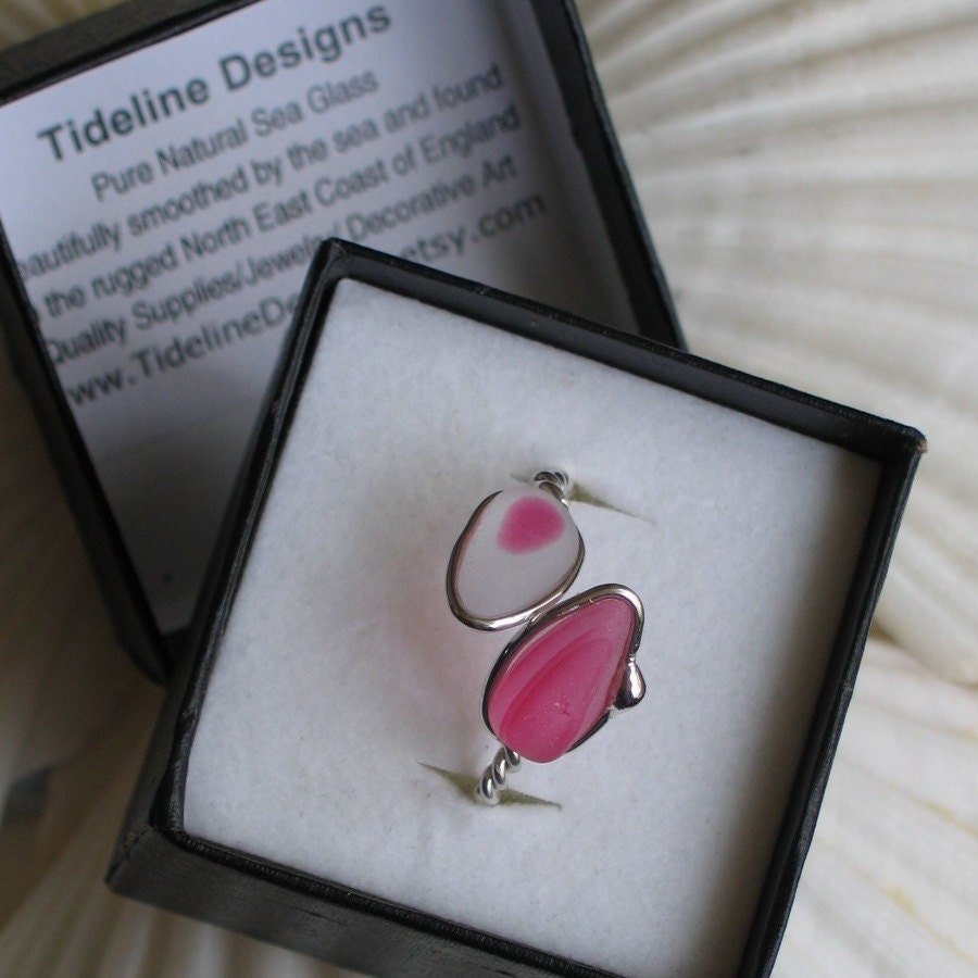 Natural Sea Glass Sterling Silver Ring Rare Pink Multicolor US 10 1/2 (387)