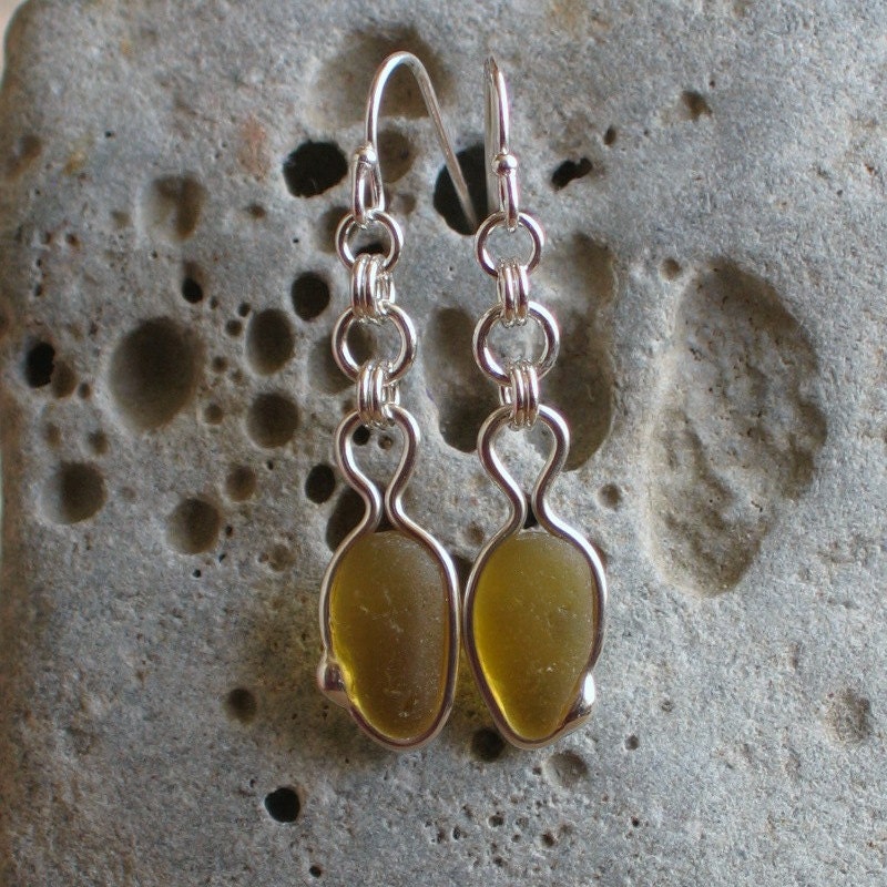 Natural Sea Glass Sterling Silver Drop Earrings Deep Goldenrod (432)