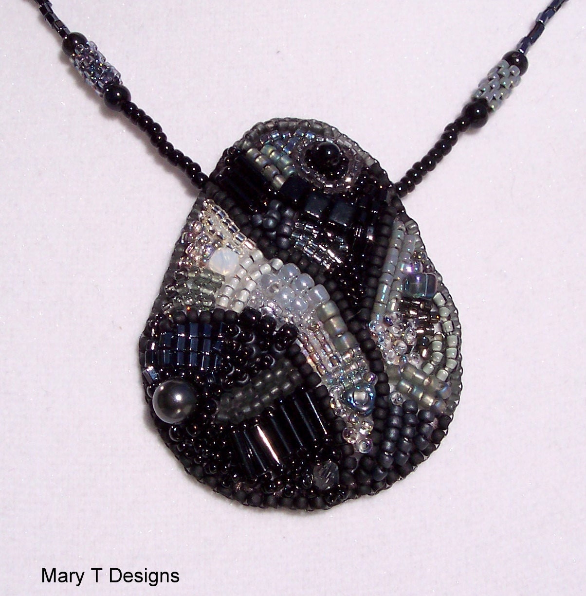 Black and Silver Bead Embroidered Teardrop Pendant Necklace...EBW Team
