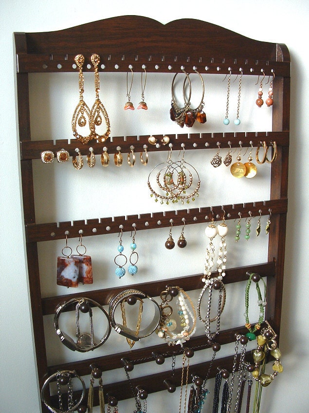 Jewelry Holder, Earring Holder, Hanging, Brown, Oak, Wood, 54-108 Pairs, 2 Necklace Bars, 1 Bracelet Bar Organizer, 20 Pegs, Ready To Ship