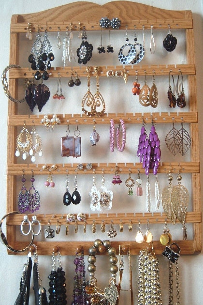 Jewelry Holder, Earring Display, Beautiful Oak Hardwood, Wall Mount, 90-180 Pairs,  7 Peg Jewelry Organizer, Ready To Ship