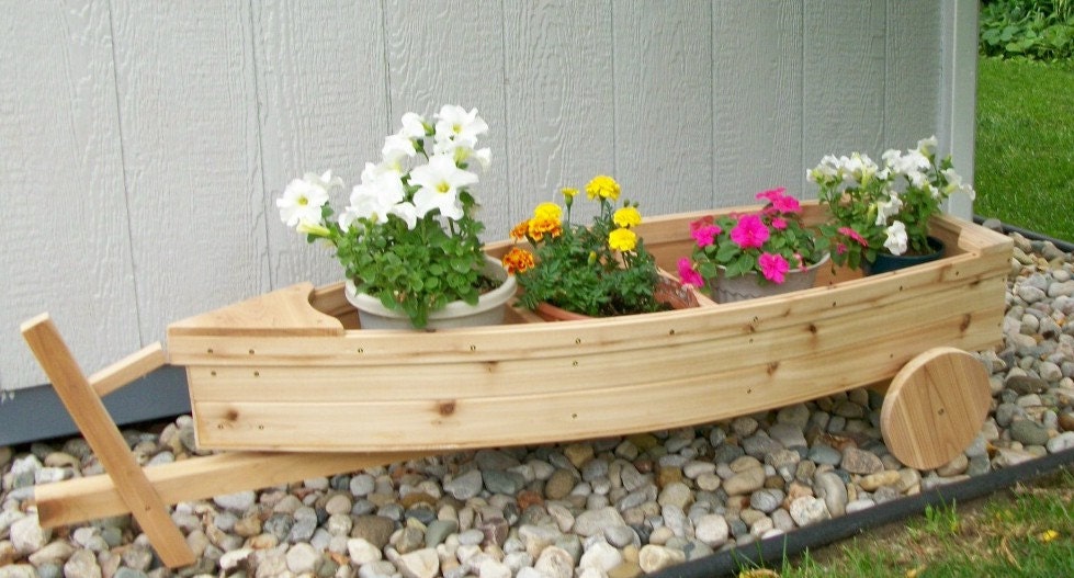 Nautical all cedar boat and trailer outdoor landscape garden box planter lawn or yard ornament decoration