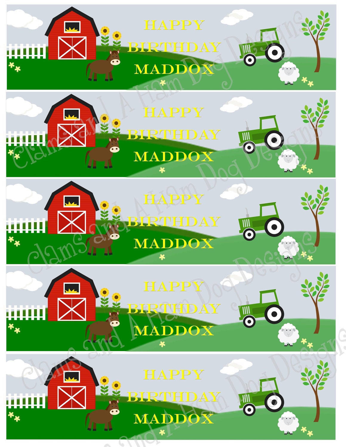 Customized Water Bottle Labels- Includes Child's Name- childrens farm theme birthday party decorations with personalized name