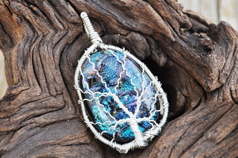 Wire Wrapped Tree of Life - OOAK Dichroic Glass Pendant