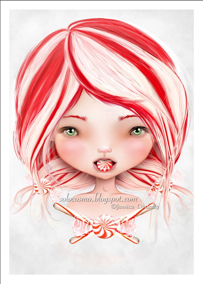 5x7 Art Print - "Peppermint" - Christmas Holiday Red and White Candy Cane Girl - Small Giclee Print by Artist Jessica Grundy