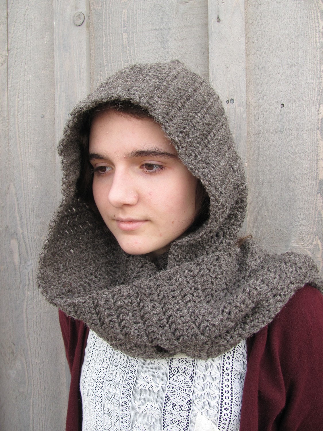 muir wood hooded scarf in brown heather