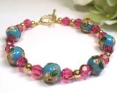 Blue Cloisonne and Pink Crystal Bracelet