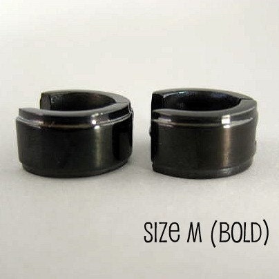 Mens Earrings Black Huggie Hoop - Ear Cartilage Piercing - For Guys Cyber Corp Gothic Punk Rock - Stainless Steel - BOLD ETCHED no.175