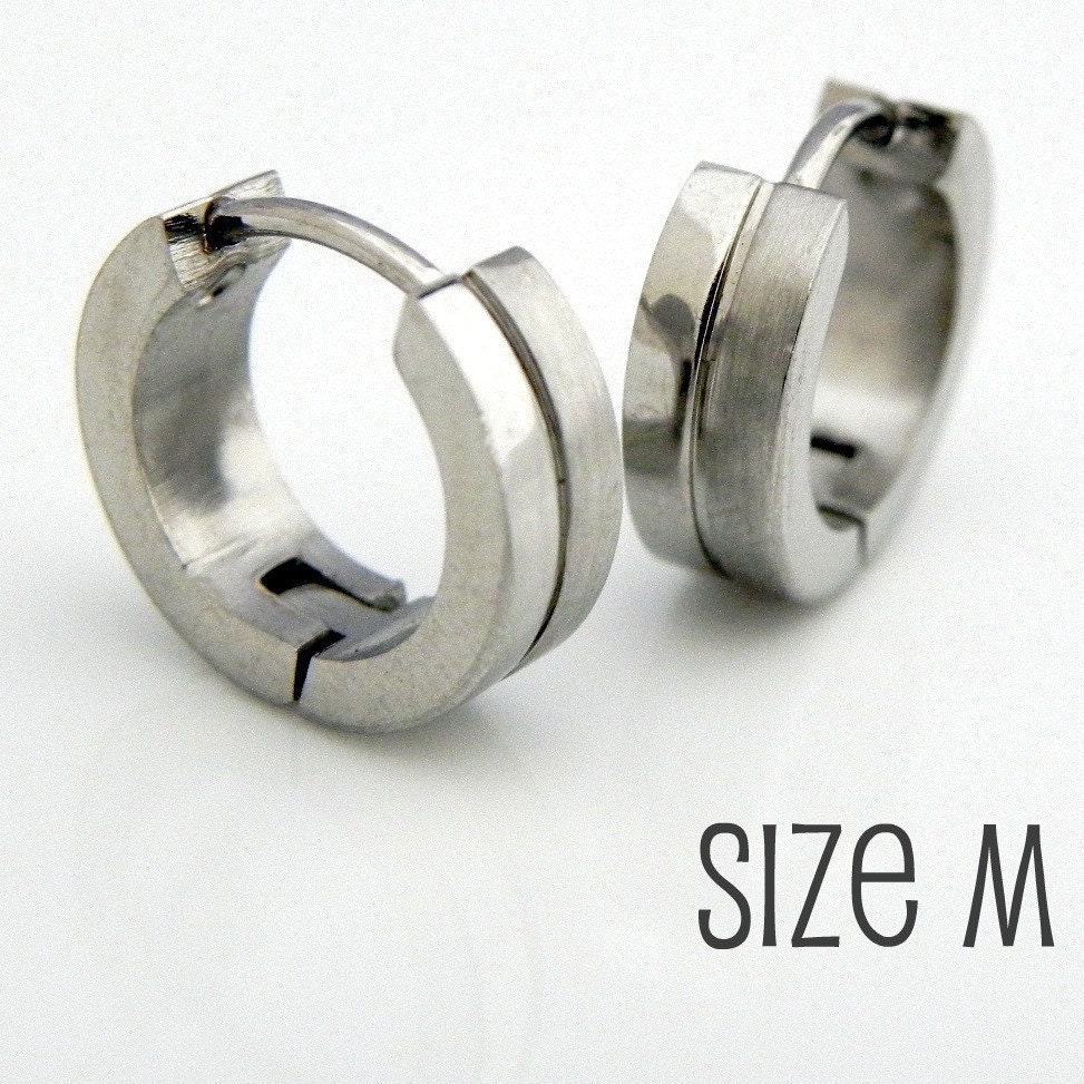 Mens Silver Huggie Hoop Earrings - Ear Cartilage Piercing - For Guys Hip Hop Medieval Punk Rock - Stainless Steel Medium HalfHalf no.153B