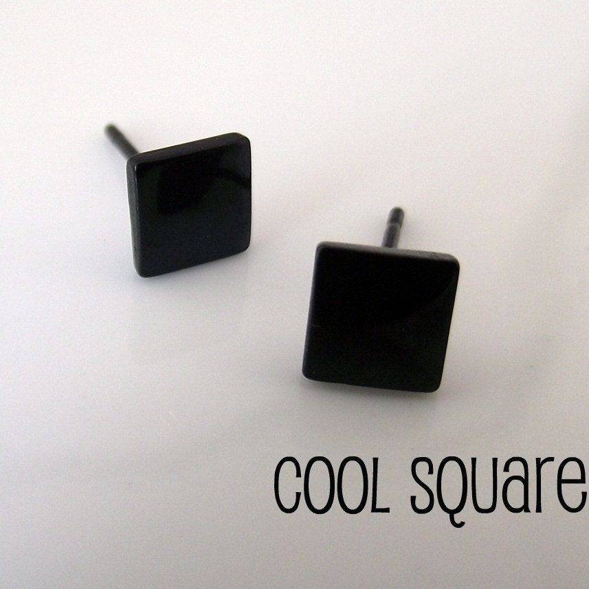 Mens Earrings Black Steel Stud - Earrings for Men - Geometric Stainless Steel ...Cool Square... (no.420F)