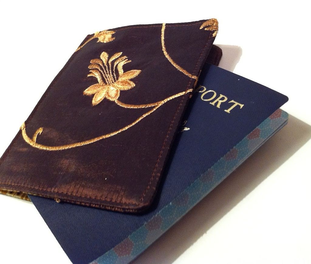 Passport Cover in Brown Silk with Gold Embroidered Vines, Ready to Ship