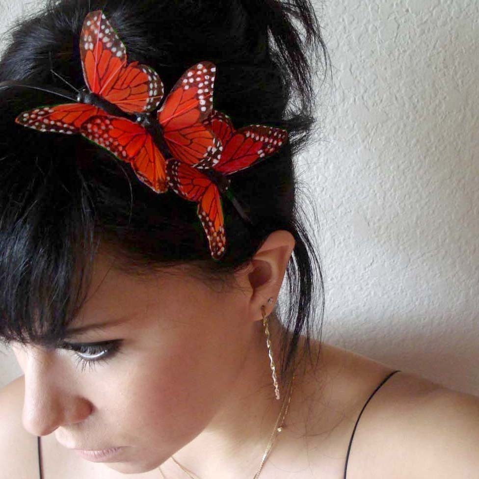 MEGAN - three orange butterflies headband  - bohemian hair accessory