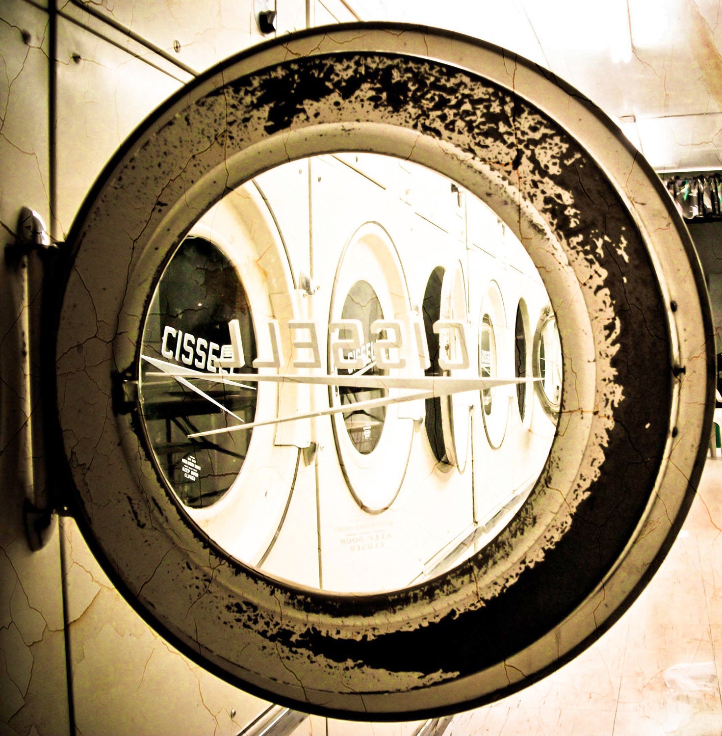 Grunge Laundromat Washer - 10 X 10 Square Photo Print - Washer Dryer Home Decor Vintage Crackled Black Yellow