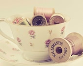 Sewing Spools Teacup China - 4 X 6 Photography Print - Wooden Spools Thread Vintage Teacup Romantic Pink Sewing Craft Print Art Still Life