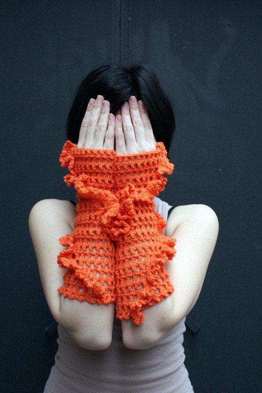 Hand crochet fingerless gloves - arm warmers - orange - neon black friday etsy - KnitAndWedding