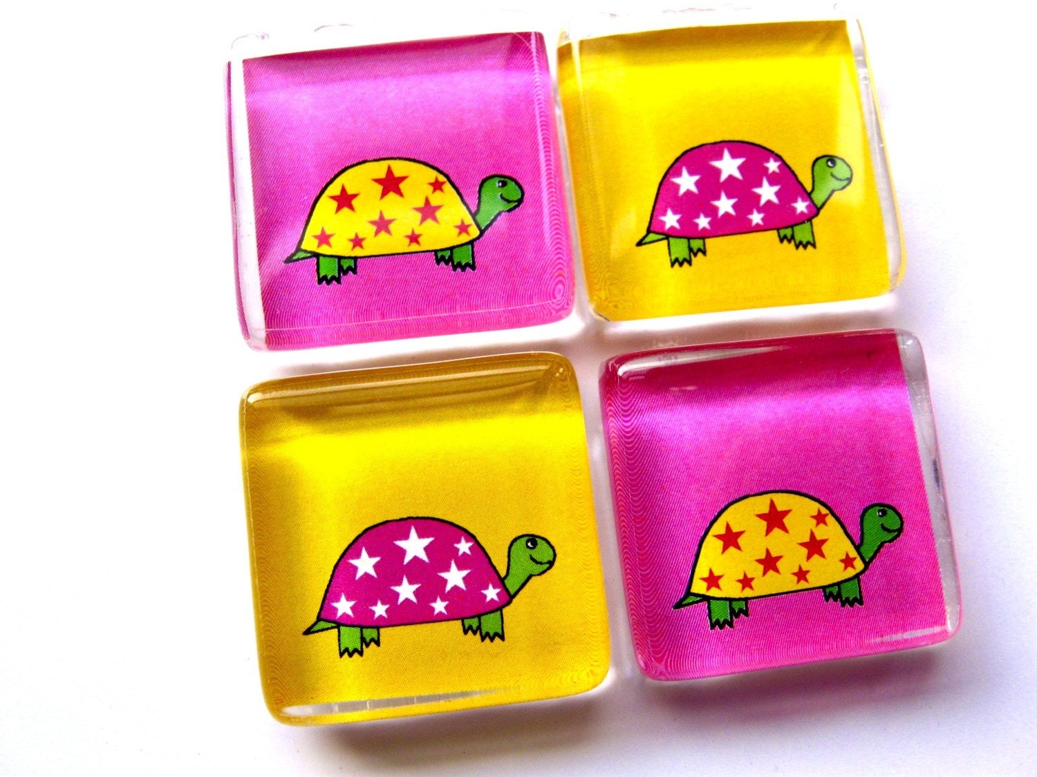 Glass tile magnets - Set of 4 Turtles in Pink and Yellow