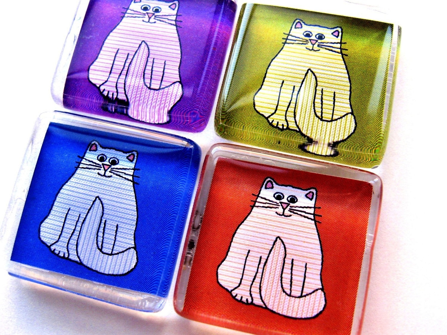 Glass Tile Magnets - Set of 4 Cats in Blue, Green, Orange and Magenta
