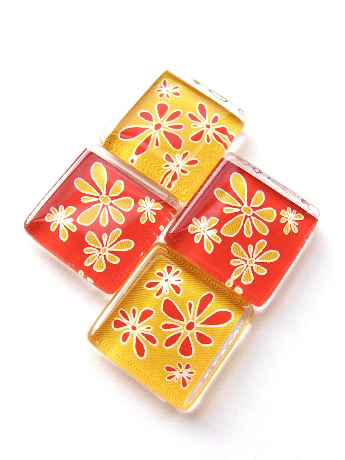 Glass magnets - Set of 4 Mod Flower Blossoms in red and yellow - PurtyBird