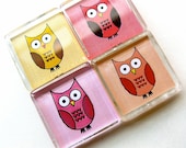 Glass tile magnets - set of 4 Owls in Red, Yellow, Pink and Orange