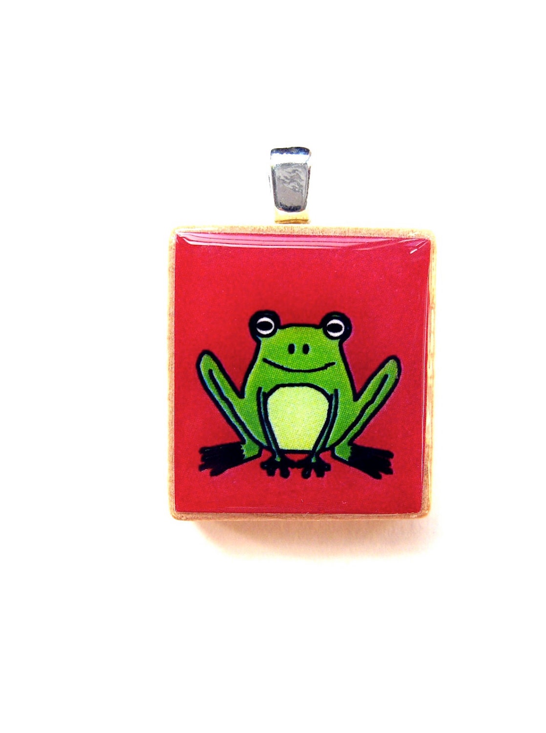 Frog Scrabble Tile Pendant -- Green on Red