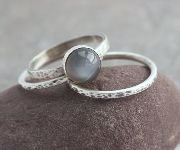Total Eclipse Set Special - Black Moonstone and Oxidized Sterling Silver Rings Stacking Stackable