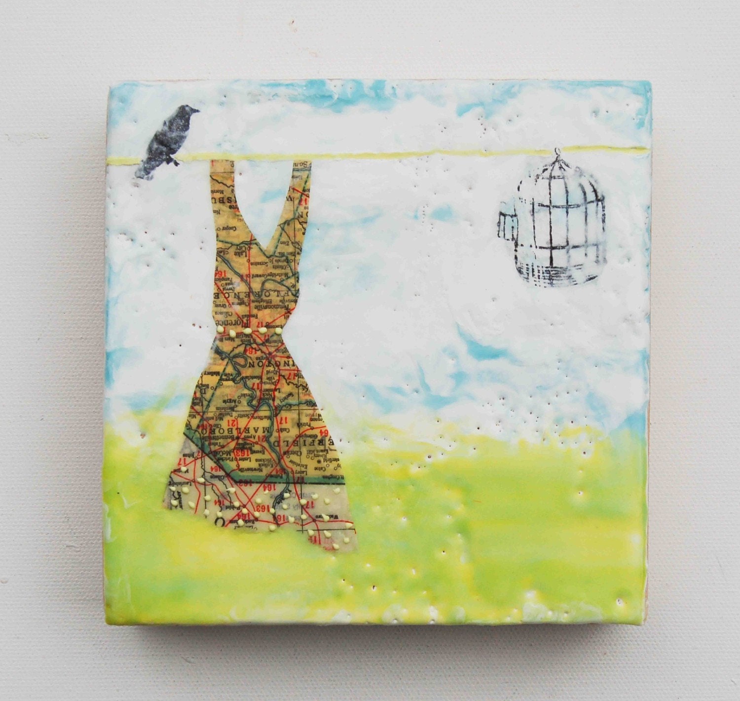 WASH DAY Original Encaustic Painting Vintage Map Dress Blackbird Birdcage