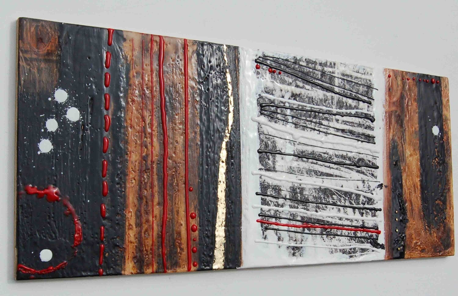 Winter WOODS  Original Encaustic Painting White Trees Gold Red Black Brown