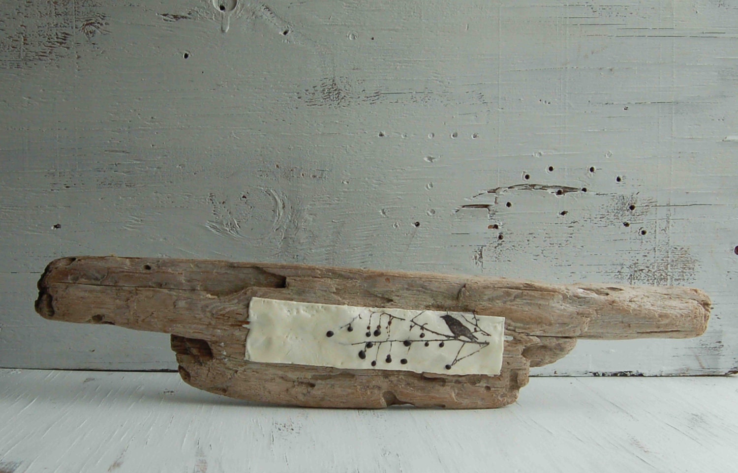 BLACKBIRD & Blackberries Original Encaustic Painting on Driftwood