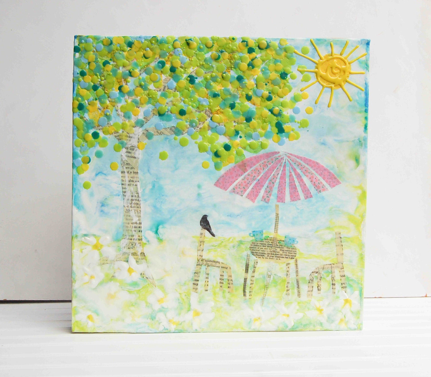 Summer Time TEA in the Garden - Original Encaustic Mixed Media Painting 16 x 16