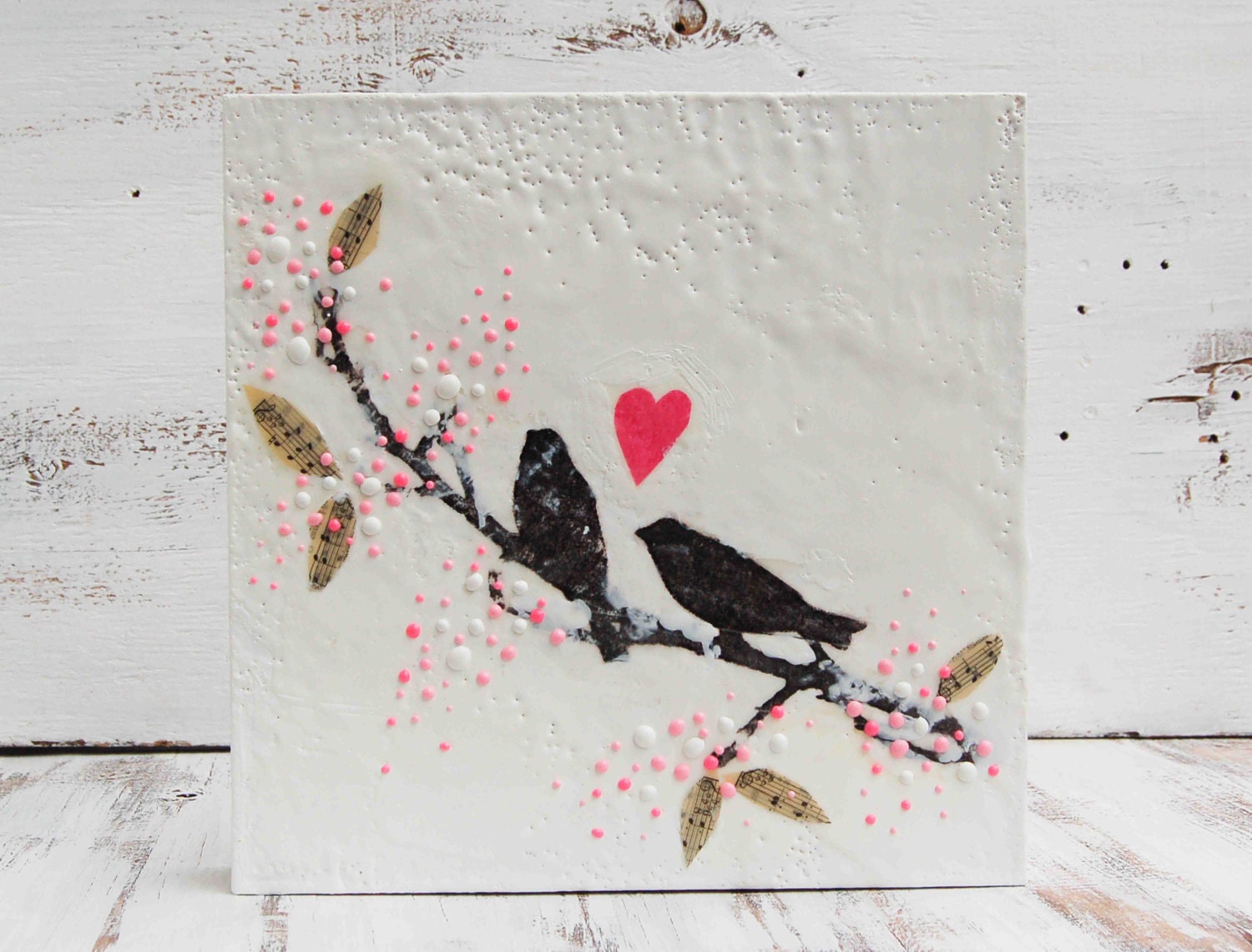 LOVE Song Original Encaustic Painting Pink Heart Bird Pink Blossoms Wedding