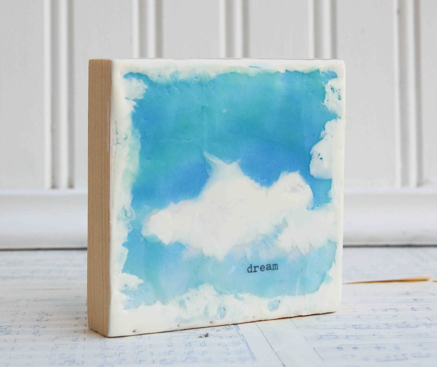 DREAM Encaustic Photo Painting  White Clouds Blue Sky Mini Painting