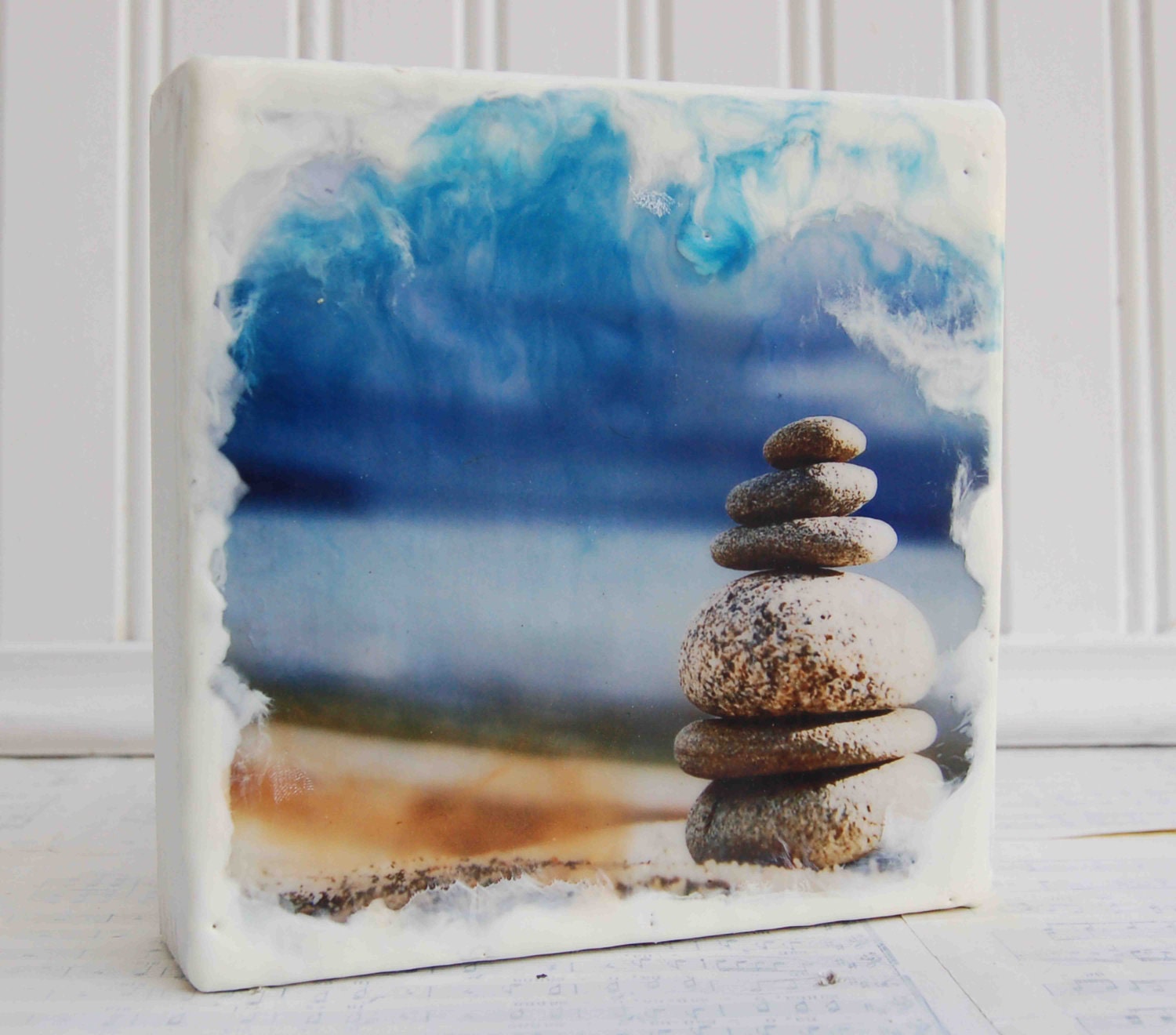 BALANCE Encaustic Photo Painting Beach Rocks Ocean Blue Sky Rain Clouds Meditation YOGA Art
