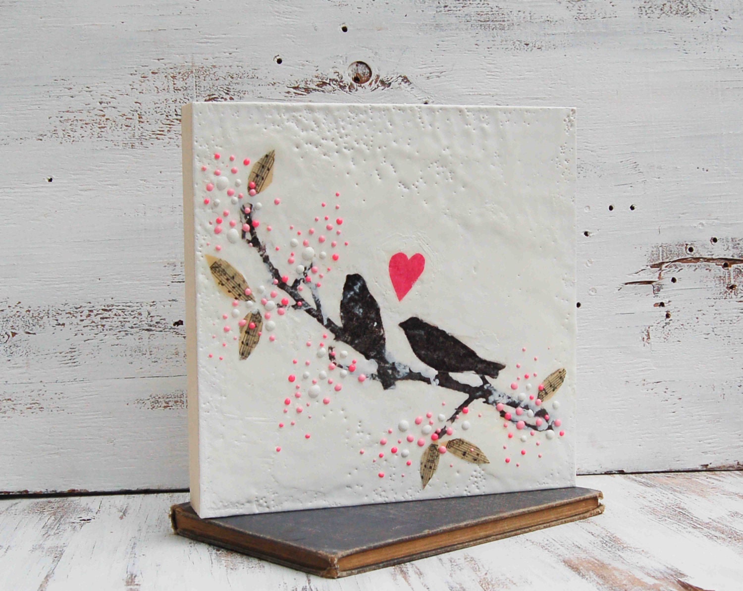 LOVE Song Original Encaustic Painting Pink Heart Bird Pink Blossoms Wedding
