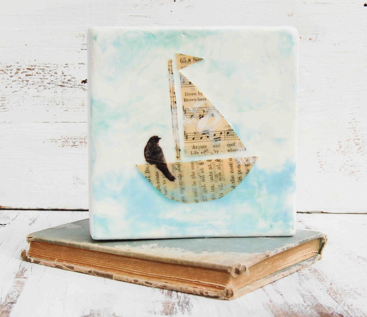 Sailing on a SONG Original Encaustic Mixed Media Painting Vintage Sheet Music Art