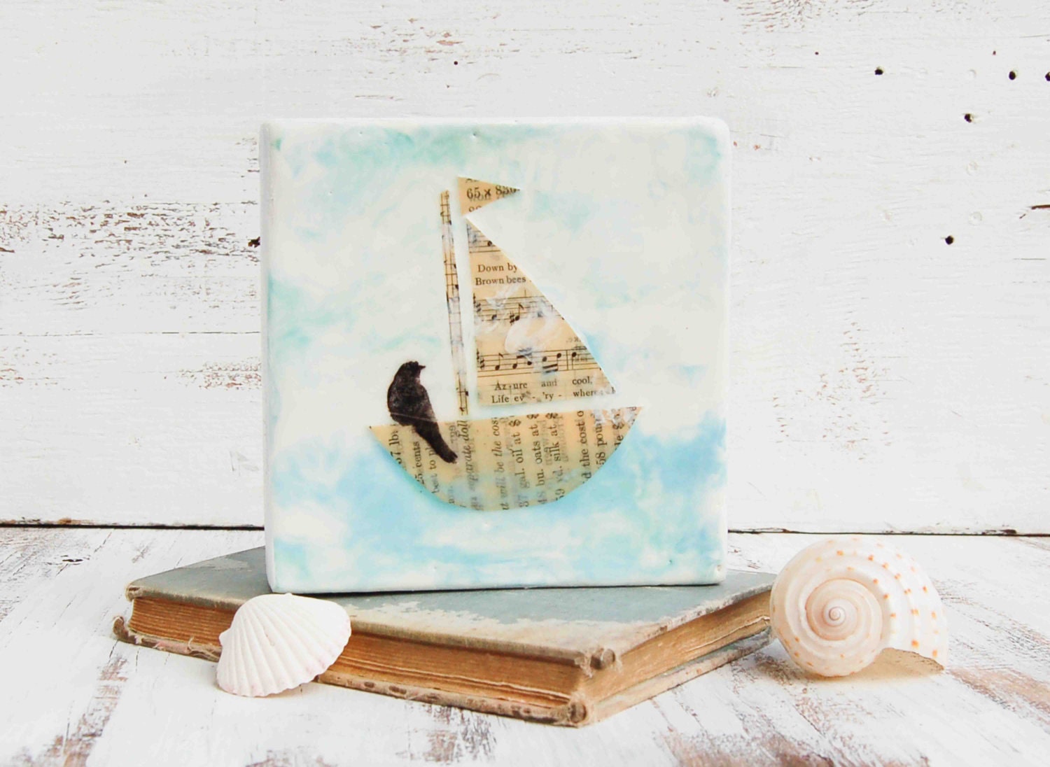 Sailing on a SONG Original Encaustic Mixed Media Painting Vintage Sheet Music Art