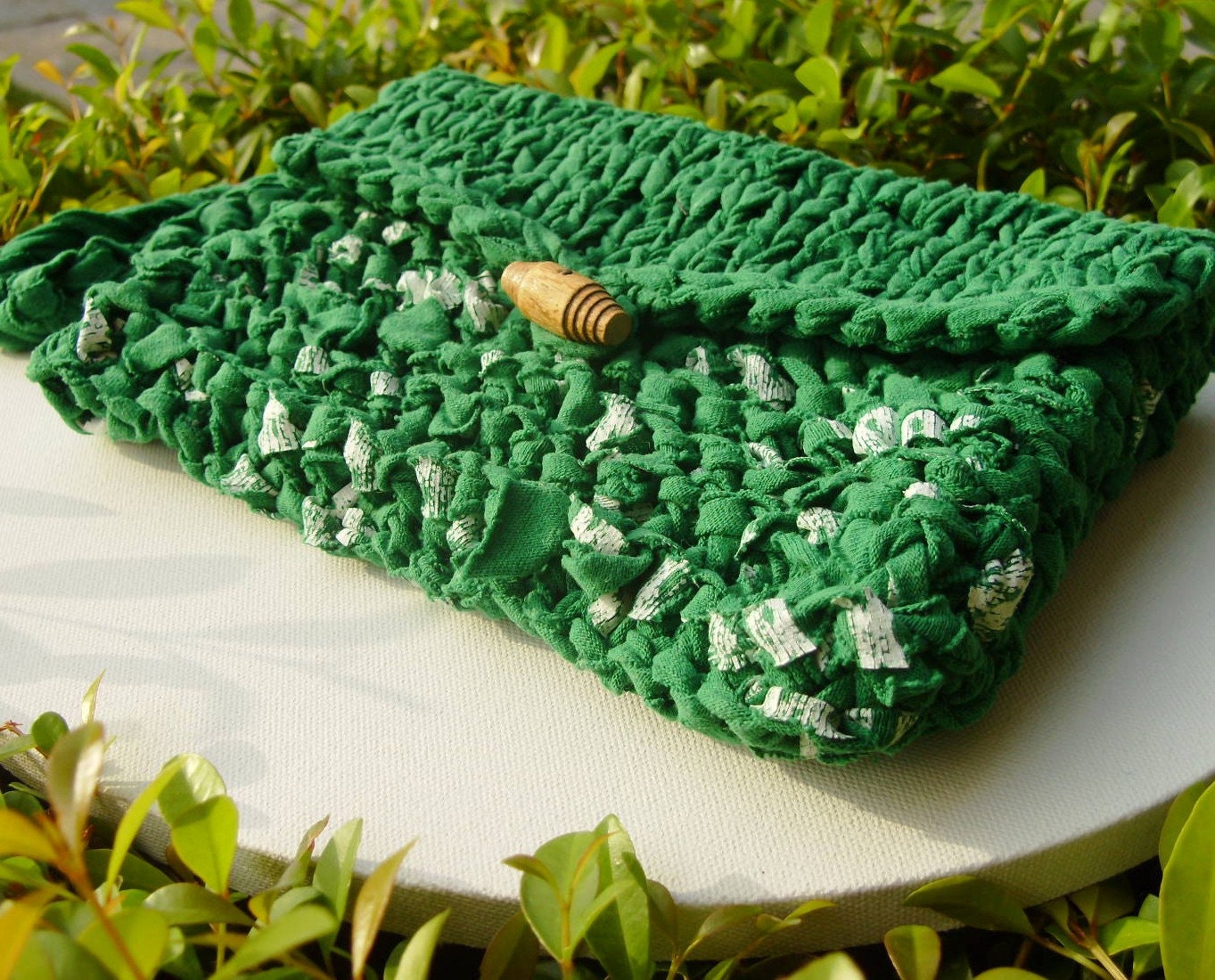 Make-up Bag or Clutch Bag Green with Wooden Button Upcycled tshirt Material