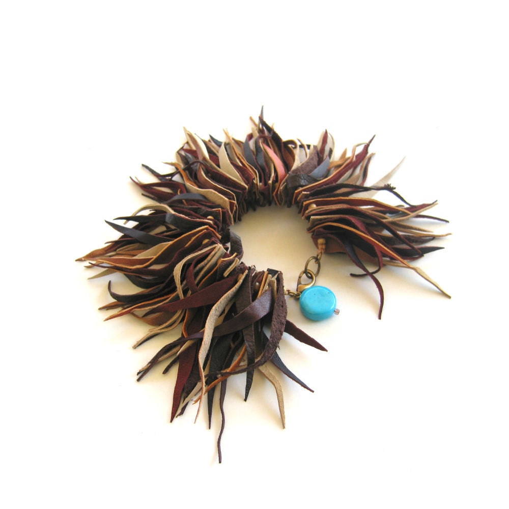Fringe cuff bracelet turquoise and reclaimed leather